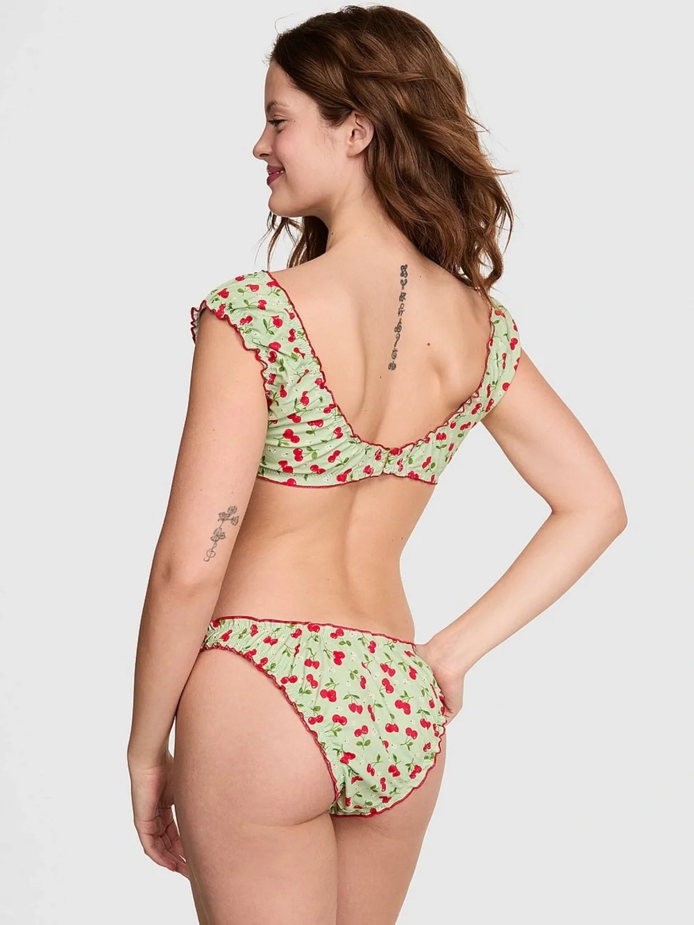 PINK by Frankie’s Bikinis Hudson Set Cherry Hearts Green Cheeky Ruffle Large
